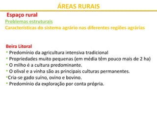 ÁREAS RURAIS
Espaço rural
Problemas estruturais
Características do sistema agrário nas diferentes regiões agrárias
Beira Litoral
• Predomínio da agricultura intensiva tradicional
• Propriedades muito pequenas (em média têm pouco mais de 2 ha)
• O milho é a cultura predominante.
• O olival e a vinha são as principais culturas permanentes.
•Cria-se gado suíno, ovino e bovino.
• Predomínio da exploração por conta própria.
 