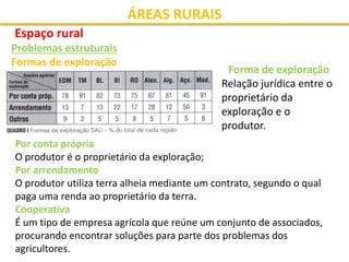 ÁREAS RURAIS
Espaço rural
Problemas estruturais
Formas de exploração
Forma de exploração
Relação jurídica entre o
proprietário da
exploração e o
produtor.
Por conta própria
O produtor é o proprietário da exploração;
Por arrendamento
O produtor utiliza terra alheia mediante um contrato, segundo o qual
paga uma renda ao proprietário da terra.
Cooperativa
É um tipo de empresa agrícola que reúne um conjunto de associados,
procurando encontrar soluções para parte dos problemas dos
agricultores.
 