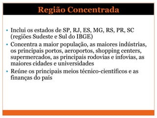 Região Concentrada

 Inclui os estados de SP, RJ, ES, MG, RS, PR, SC
  (regiões Sudeste e Sul do IBGE)
 Concentra a maior população, as maiores indústrias,
  os principais portos, aeroportos, shopping centers,
  supermercados, as principais rodovias e infovias, as
  maiores cidades e universidades
 Reúne os principais meios técnico-científicos e as
  finanças do país
 