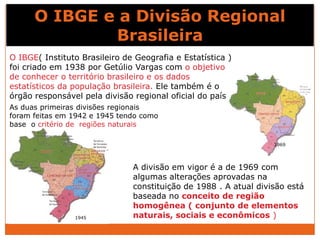 O IBGE e a Divisão Regional
              Brasileira
O IBGE( Instituto Brasileiro de Geografia e Estatística )
foi criado em 1938 por Getúlio Vargas com o objetivo
de conhecer o território brasileiro e os dados
estatísticos da população brasileira. Ele também é o
órgão responsável pela divisão regional oficial do país
As duas primeiras divisões regionais
foram feitas em 1942 e 1945 tendo como
base o critério de regiões naturais

                                                                  1969




                               A divisão em vigor é a de 1969 com
                               algumas alterações aprovadas na
                               constituição de 1988 . A atual divisão está
                               baseada no conceito de região
                               homogênea ( conjunto de elementos
                1945           naturais, sociais e econômicos )
 