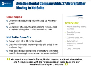 Overview
– Aircraft operating leasing
business
– Based in Sydney,
Australia
– Customer since 2007
– Switched from
outsourcing, manual
systems
– Using OneWorld
Challenges
Outsourced accounting couldn’t keep up with their
growth
Complexity of accounting for airplane rentals, debt
schedules with global currencies and tax laws
NetSuite Benefits
Grown from 11 to 48 rental aircraft
Greatly accelerated monthly period-end close to 10
business days
Web-based cloud computing architecture eliminates
need for investing in on-premise resources and staff
Aviation Rental Company Adds 37 Aircraft After
Moving to NetSuite
We have transactions in Euros, British pounds, and Australian dollars
and NetSuite copes with the re-translation of these back into our
functional currency of US dollars.
“
 