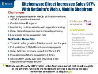 Overview
– Based in Perth, Australia
– Using NetSuite
SuiteCommerce,
Advanced Inventory, CRM
Site Builder and ERP
– Switched from MYOB, a
POS system, an inventory
system and a credit card
transaction terminal
Challenges
Poor integration between MYOB, an inventory system,
a POS & credit card terminal
Costly full-time IT support
Maintaining multiple websites with separate branding
Order dispatching errors due to manual processing
Low mobile device conversion rate
NetSuite Benefits
Threefold sales growth to $5M turnover in the first year
Full visibility of 6,000 different stock-keeping units
Order fulfilment error rate down from 2% to 0.2%
Increased smartphone conversions 5 times
Saves $150K yearly over cost of running a non-
integrated ecommerce solution
Kitchenware Direct Increases Sales 917%
With NetSuite's Web & Mobile Shopfront
NetSuite was the only ERP system in the Australian market that could integrate
all the different functions we needed and give us a seamless process
from order completion to dispatch.
“
 