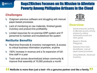 Overview
‒ Social enterprise working
to alleviate poverty among
artisans by selling
handmade purses and
other goods
‒ Based in Manila,
Philippines
‒ Switched from Intuit
QuickBooks, manual
paper-based processes
‒ Using NetSuite, Advanced
Inventory
Challenges
Outgrown previous software and struggling with manual
paper-based processes
Lack of monitoring on raw materials, finished goods
inventory and product-line profitability
Limited resources for on-premise ERP system and IT
personnel to maintain and troubleshoot the system
NetSuite Benefits
Real-time financials & inventory management, & access
to critical business information anywhere, anytime
150% increase in revenue and a 3x expansion of full-
time staff in a year
Track work across decentralized artisan community &
improve final assembly of 10,000 products a month
Rags2Riches Focuses on Its Mission to Alleviate
Poverty Among Philippine Artisans in the Cloud
NetSuite is more than just a tool—it's a genuine partner and like a family.
 