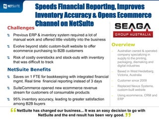 Overview
‒ Australian owned & operated
company specializing in
supply to the printing,
packaging, diemaking and
digital industries
‒ Based in West Heidelberg,
Victoria, Australia
‒ Customer since 2009
‒ Replaced Nexus Systems,
custom-built website
‒ Using ecommerce, CRM and
ERP
Challenges
Previous ERP & inventory system required a lot of
manual work and offered little visibility into the business
Evolve beyond static custom-built website to offer
ecommerce purchasing to B2B customers
Risk of costly overstocks and stock-outs with inventory
that was difficult to track
NetSuite Benefits
Saves on 1 FTE for bookkeeping with integrated financial
mgmt. Real time financial reporting instead of 3 days
SuiteCommerce opened new ecommerce revenue
stream for customers of consumable products
95% inventory accuracy, leading to greater satisfaction
among B2B buyers
Speeds Financial Reporting, Improves
Inventory Accuracy & Opens Ecommerce
Channel on NetSuite
NetSuite has changed our business... It was an easy decision to go with
NetSuite and the end result has been very good.“
 