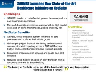 Overview
‒ Healthcare (first
independent medical
research institute in South
Australia)
‒ Based in Adelaide, South
Australia
‒ Customer since 2011
‒ Switched from Excel,
outsourced accounting
service
‒ Using NetSuite, NetSuite
Financials
Challenges
SAHMRI needed a cost-effective, proven business platform
as it expands its operations
Move off disparate on-premise systems with its high capital
costs and on-going maintenance, posing efficiency risk
NetSuite Benefits
A single, cross-functional system to handle all core
processes and scale as the institute grows
Gained per-project financial monitoring and multi-level
summary-to-detail reporting across a AU$100M annual
budget and several hundred medical research projects
Streamline procurement of services and goods from 300
suppliers
NetSuite cloud mobility enables an easy transition from a
temporary quarters to a new building
SAHMRI Launches New State-of-the-Art
Healthcare Initiative on NetSuite
The beauty of NetSuite is you get all the functionality of a very large system
without spending a fortune.“
 