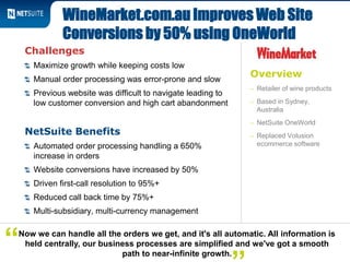 Overview
– Retailer of wine products
– Based in Sydney,
Australia
– NetSuite OneWorld
– Replaced Volusion
ecommerce software
Challenges
Maximize growth while keeping costs low
Manual order processing was error-prone and slow
Previous website was difficult to navigate leading to
low customer conversion and high cart abandonment
NetSuite Benefits
Automated order processing handling a 650%
increase in orders
Website conversions have increased by 50%
Driven first-call resolution to 95%+
Reduced call back time by 75%+
Multi-subsidiary, multi-currency management
WineMarket.com.au Improves Web Site
Conversions by 50% using OneWorld
Now we can handle all the orders we get, and it's all automatic. All information is
held centrally, our business processes are simplified and we've got a smooth
path to near-infinite growth.
“
 