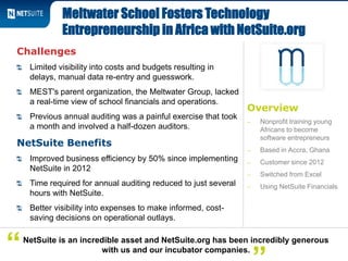 Overview
‒ Nonprofit training young
Africans to become
software entrepreneurs
‒ Based in Accra, Ghana
‒ Customer since 2012
‒ Switched from Excel
‒ Using NetSuite Financials
Challenges
Limited visibility into costs and budgets resulting in
delays, manual data re-entry and guesswork.
MEST's parent organization, the Meltwater Group, lacked
a real-time view of school financials and operations.
Previous annual auditing was a painful exercise that took
a month and involved a half-dozen auditors.
NetSuite Benefits
Improved business efficiency by 50% since implementing
NetSuite in 2012
Time required for annual auditing reduced to just several
hours with NetSuite.
Better visibility into expenses to make informed, cost-
saving decisions on operational outlays.
Meltwater School Fosters Technology
Entrepreneurship in Africa with NetSuite.org
NetSuite is an incredible asset and NetSuite.org has been incredibly generous
with us and our incubator companies.“
 