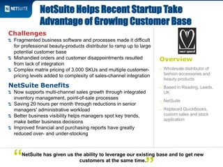 Overview
– Wholesale distributor of
fashion accessories and
beauty products
– Based in Reading, Leeds,
UK
– NetSuite
– Replaced QuickBooks,
custom sales and stock
application
Challenges
Fragmented business software and processes made it difficult
for professional beauty-products distributor to ramp up to large
potential customer base
Mishandled orders and customer disappointments resulted
from lack of integration
Complex matrix pricing of 3,000 SKUs and multiple customer-
pricing levels added to complexity of sales-channel integration
NetSuite Benefits
Now supports multi-channel sales growth through integrated
inventory management, point-of-sale processes
Saving 20 hours per month through reductions in senior
managers' administrative workload
Better business visibility helps managers spot key trends,
make better business decisions
Improved financial and purchasing reports have greatly
reduced over- and under-stocking
NetSuite Helps Recent Startup Take
Advantage of Growing Customer Base
NetSuite has given us the ability to leverage our existing base and to get new
customers at the same time.“
 