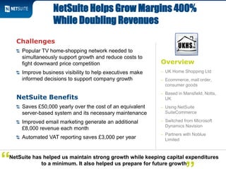 Challenges
Popular TV home-shopping network needed to
simultaneously support growth and reduce costs to
fight downward price competition
Improve business visibility to help executives make
informed decisions to support company growth
NetSuite Benefits
Saves £50,000 yearly over the cost of an equivalent
server-based system and its necessary maintenance
Improved email marketing generate an additional
£8,000 revenue each month
Automated VAT reporting saves £3,000 per year
NetSuite Helps Grow Margins 400%
While Doubling Revenues
NetSuite has helped us maintain strong growth while keeping capital expenditures
to a minimum. It also helped us prepare for future growth“
Overview
– UK Home Shopping Ltd
– Ecommerce, mail order,
consumer goods
– Based in Mansfield, Notts,
UK
– Using NetSuite
SuiteCommerce
– Switched from Microsoft
Dynamics Navision
– Partners with Noblue
Limited
 