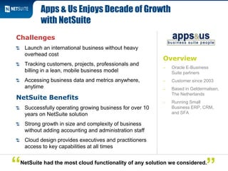 Overview
‒ Oracle E-Business
Suite partners
‒ Customer since 2003
‒ Based in Geldermalsen,
The Netherlands
‒ Running Small
Business ERP, CRM,
and SFA
Challenges
Launch an international business without heavy
overhead cost
Tracking customers, projects, professionals and
billing in a lean, mobile business model
Accessing business data and metrics anywhere,
anytime
NetSuite Benefits
Successfully operating growing business for over 10
years on NetSuite solution
Strong growth in size and complexity of business
without adding accounting and administration staff
Cloud design provides executives and practitioners
access to key capabilities at all times
Apps & Us Enjoys Decade of Growth
with NetSuite
NetSuite had the most cloud functionality of any solution we considered.
“
 