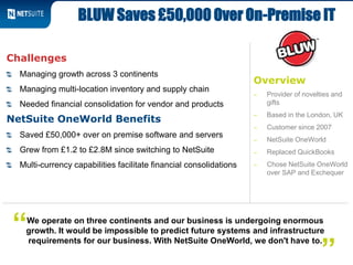 Overview
‒ Provider of novelties and
gifts
‒ Based in the London, UK
‒ Customer since 2007
‒ NetSuite OneWorld
‒ Replaced QuickBooks
‒ Chose NetSuite OneWorld
over SAP and Exchequer
Challenges
Managing growth across 3 continents
Managing multi-location inventory and supply chain
Needed financial consolidation for vendor and products
NetSuite OneWorld Benefits
Saved £50,000+ over on premise software and servers
Grew from £1.2 to £2.8M since switching to NetSuite
Multi-currency capabilities facilitate financial consolidations
BLUW Saves £50,000 Over On-Premise IT
We operate on three continents and our business is undergoing enormous
growth. It would be impossible to predict future systems and infrastructure
requirements for our business. With NetSuite OneWorld, we don't have to.
”
“
 