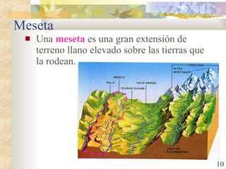 Meseta Una  meseta  es una gran extensión de terreno llano elevado sobre las tierras que la rodean. 