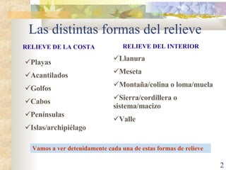 Las distintas formas del relieve RELIEVE DE LA COSTA RELIEVE DEL INTERIOR <ul><li>Playas </li></ul><ul><li>Acantilados </l...