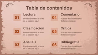 Lectura
01 Puedes describir el tema
de la sección aquí
Clasificación
02 Puedes describir el tema
de la sección aquí
Análisis
03 Puedes describir el tema
de la sección aquí
Comentario
04 Puedes describir el tema
de la sección aquí
Crítica
05 Puedes describir el tema
de la sección aquí
Bibliografía
06 Puedes describir el tema
de la sección aquí
Tabla de contenidos
 
