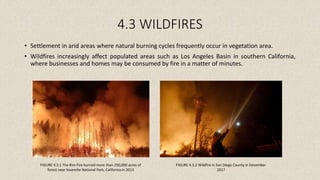 4.3 WILDFIRES
• Settlement in arid areas where natural burning cycles frequently occur in vegetation area.
• Wildfires increasingly affect populated areas such as Los Angeles Basin in southern California,
where businesses and homes may be consumed by fire in a matter of minutes.
FIGURE 4.3.1 The Rim Fire burned more than 250,000 acres of
forest near Yosemite National Park, California in 2013
FIGURE 4.3.2 Wildfire in San Diego County in December
2017
 
