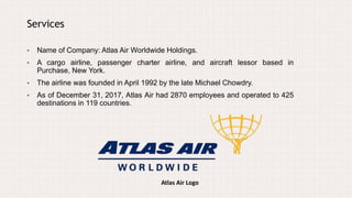 Atlas Air Logo
Services
• Name of Company: Atlas Air Worldwide Holdings.
• A cargo airline, passenger charter airline, and aircraft lessor based in
Purchase, New York.
• The airline was founded in April 1992 by the late Michael Chowdry.
• As of December 31, 2017, Atlas Air had 2870 employees and operated to 425
destinations in 119 countries.
 