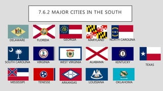 7.6.2 MAJOR CITIES IN THE SOUTH
DELAWARE FLORIDA GEORGIA MARYLAND NORTH CAROLINA
SOUTH CAROLINA VIRGINIA WEST VIRGINIA ALABAMA KENTUCKY
MISSISSIPI TENESSE ARKANSAS LOUISIANA OKLAHOMA
TEXAS
 