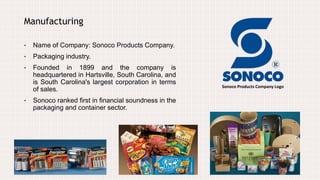 Sonoco Products Company Logo
Manufacturing
• Name of Company: Sonoco Products Company.
• Packaging industry.
• Founded in 1899 and the company is
headquartered in Hartsville, South Carolina, and
is South Carolina's largest corporation in terms
of sales.
• Sonoco ranked first in financial soundness in the
packaging and container sector.
 