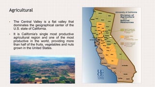 Agricultural
• The Central Valley is a flat valley that
dominates the geographical center of the
U.S. state of California.
• It is California's single most productive
agricultural region and one of the most
productive in the world, providing more
than half of the fruits, vegetables and nuts
grown in the United States.
 