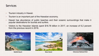Services
• Tourism industry in Hawaii.
• Tourism is an important part of the Hawaiian economy.
• Hawaii has abundance of public beaches and their oceanic surroundings that make it
popular destinations for tourists and surfers.
• Visitors to the Hawaiian Islands spent $16.78 billion in 2017, an increase of 6.2 percent
from the previous record in 2016.
Waikiki Beach Volcanoes National ParkMaui Island
 