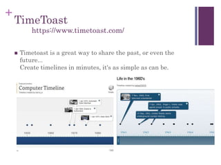 +
TimeToast
 Timetoast is a great way to share the past, or even the
future...
Create timelines in minutes, it's as simple as can be.
https://www.timetoast.com/
 