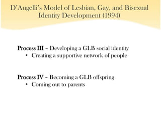 D’Augelli’s Model of Lesbian, Gay, and Bisexual
         Identity Development (1994)



  Process III – Developing a GLB social identity
     • Creating a supportive network of people


  Process IV – Becoming a GLB offspring
     • Coming out to parents
 