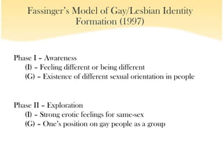 Fassinger’s Model of Gay/Lesbian Identity
                Formation (1997)


Phase I – Awareness
   (I) – Feeling different or being different
   (G) – Existence of different sexual orientation in people


Phase II – Exploration
   (I) – Strong erotic feelings for same-sex
   (G) – One’s position on gay people as a group
 