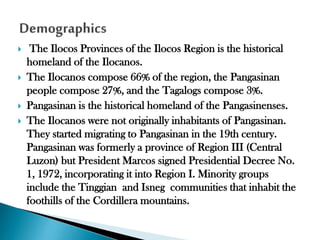 






The Ilocos Provinces of the Ilocos Region is the historical
homeland of the Ilocanos.
The Ilocanos compose 66% of the region, the Pangasinan
people compose 27%, and the Tagalogs compose 3%.
Pangasinan is the historical homeland of the Pangasinenses.
The Ilocanos were not originally inhabitants of Pangasinan.
They started migrating to Pangasinan in the 19th century.
Pangasinan was formerly a province of Region III (Central
Luzon) but President Marcos signed Presidential Decree No.
1, 1972, incorporating it into Region I. Minority groups
include the Tinggian and Isneg communities that inhabit the
foothills of the Cordillera mountains.

 