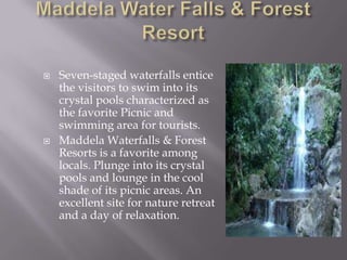  Seven-staged waterfalls entice
the visitors to swim into its
crystal pools characterized as
the favorite Picnic and
swimming area for tourists.
 Maddela Waterfalls & Forest
Resorts is a favorite among
locals. Plunge into its crystal
pools and lounge in the cool
shade of its picnic areas. An
excellent site for nature retreat
and a day of relaxation.
 