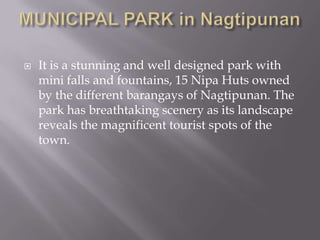  It is a stunning and well designed park with
mini falls and fountains, 15 Nipa Huts owned
by the different barangays of Nagtipunan. The
park has breathtaking scenery as its landscape
reveals the magnificent tourist spots of the
town.
 