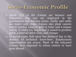  About 75% of the Ivatans are farmers and
fishermen. The rest are employed in the
government and services sector. Garlic and cattle
are major cash crops. Ivatans also plant camote
(sweet potato), cassava, gabi or tuber and a unique
variety of white uvi. Sugarcane is raised to produce
palek, a kind of native wine, and vinegar.
 In recent years, fish catch has declined due to the
absence of technical know-how. Employment
opportunities are scarce. Most of the educated
Ivatans have migrated to urban centers or have
gone abroad.
 