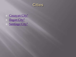  Cauayan City1
 Ilagan City2
 Santiago City3
 