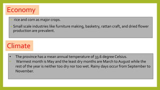 Economy
• rice and corn as major crops.
• Small scale industries like furniture making, basketry, rattan craft, and dried flower
production are prevalent.
Climate
• The province has a mean annual temperature of 33.6 degree Celsius.
• Warmest month is May and the least dry months are March to August while the
rest of the year is neither too dry nor too wet. Rainy days occur from September to
November.
 