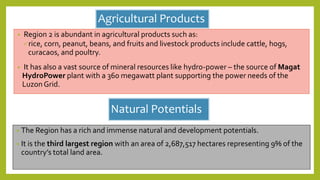 Agricultural Products
• Region 2 is abundant in agricultural products such as:
rice, corn, peanut, beans, and fruits and livestock products include cattle, hogs,
curacaos, and poultry.
• It has also a vast source of mineral resources like hydro-power – the source of Magat
HydroPower plant with a 360 megawatt plant supporting the power needs of the
LuzonGrid.
Natural Potentials
• The Region has a rich and immense natural and development potentials.
• It is the third largest region with an area of 2,687,517 hectares representing 9% of the
country’s total land area.
 