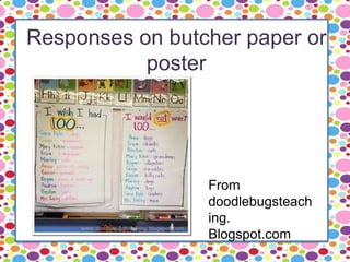 Responses on butcher paper or
poster
From
doodlebugsteach
ing.
Blogspot.com
 