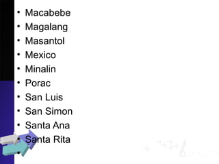 • Macabebe
• Magalang
• Masantol
• Mexico
• Minalin
• Porac
• San Luis
• San Simon
• Santa Ana
• Santa Rita
•
 