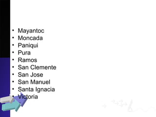 • Mayantoc
• Moncada
• Paniqui
• Pura
• Ramos
• San Clemente
• San Jose
• San Manuel
• Santa Ignacia
• Victoria
 