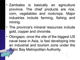 • Zambales is basically an agriculture
province. The chief products are rice,
corn, vegetables and rootcrops. Major
industries include farming, fishing and
mining.
• The province's mineral resources include
gold, copper and chromite.
• Olongapo, once the site of the biggest US
naval base in Asia, is fast developing into
an industrial and tourism zone under the
Subic Bay Metropolitan Authority.
 