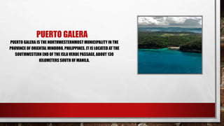 PUERTO GALERA
PUERTO GALERA IS THE NORTHWESTERNMOST MUNICIPALITY IN THE
PROVINCE OF ORIENTAL MINDORO, PHILIPPINES. IT IS LOCATED AT THE
SOUTHWESTERN END OF THE ISLA VERDE PASSAGE, ABOUT 130
KILOMETERS SOUTH OF MANILA.
 