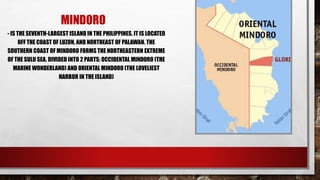 MINDORO
- IS THE SEVENTH-LARGEST ISLAND IN THE PHILIPPINES. IT IS LOCATED
OFF THE COAST OF LUZON, AND NORTHEAST OF PALAWAN. THE
SOUTHERN COAST OF MINDORO FORMS THE NORTHEASTERN EXTREME
OF THE SULU SEA. DIVIDED INTO 2 PARTS: OCCIDENTAL MINDORO (THE
MARINE WONDERLAND) AND ORIENTAL MINDORO (THE LOVELIEST
HARBOR IN THE ISLAND)
 