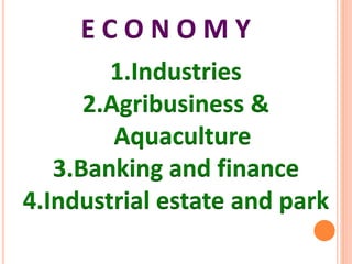 E C O N O M Y
1.Industries
2.Agribusiness &
Aquaculture
3.Banking and finance
4.Industrial estate and park
 