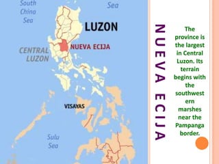 NUEVAECIJA
The
province is
the largest
in Central
Luzon. Its
terrain
begins with
the
southwest
ern
marshes
near the
Pampanga
border.
 