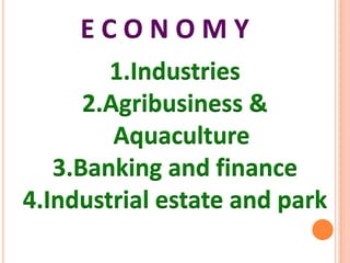 E C O N O M Y
1.Industries
2.Agribusiness &
Aquaculture
3.Banking and finance
4.Industrial estate and park
 