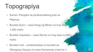 Topograpiya
 Samar- Pangatlo sa pinakamalaking pulo sa
Pilipinas.
 Bundok Suiro – nasa timog ng Biliran na may taas na
1,300 metro
 Bundok Capotoan – nasa Samar na may taas na 850
metro
 Bundok Lobi – pinakamataas na bundok sa
Silangang Visayas na nasa Samarmay sukat na 1, 10
 