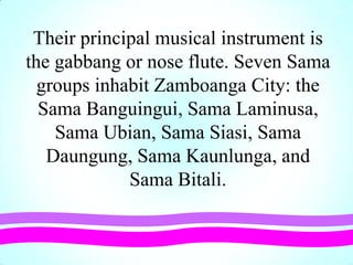 Their principal musical instrument is
the gabbang or nose flute. Seven Sama
groups inhabit Zamboanga City: the
Sama Banguingui, Sama Laminusa,
Sama Ubian, Sama Siasi, Sama
Daungung, Sama Kaunlunga, and
Sama Bitali.
 