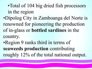 •Total of 104 big dried fish processors
in the region
•Dipolog City in Zamboanga del Norte is
renowned for pioneering the production
of in-glass or bottled sardines in the
country.
•Region 9 ranks third in terms of
seaweeds production contributing
roughly 12% of the total national output.
 