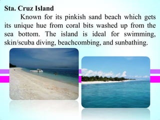 Sta. Cruz Island
Known for its pinkish sand beach which gets
its unique hue from coral bits washed up from the
sea bottom. The island is ideal for swimming,
skin/scuba diving, beachcombing, and sunbathing.
 
