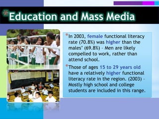 Education and Mass MediaReasons for Not Attending SchoolFactors contributing to these negative indicators were the increasing cost of education and the demands for the students to provide extra hand  in the farm especially during planting and harvesting time for those living in the rural areas.