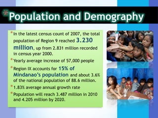 Population and DemographyAverage Annual Growth Rates of Region 9 is DECELERATING.Although the region has the 6th fastest growth rate among all regions.