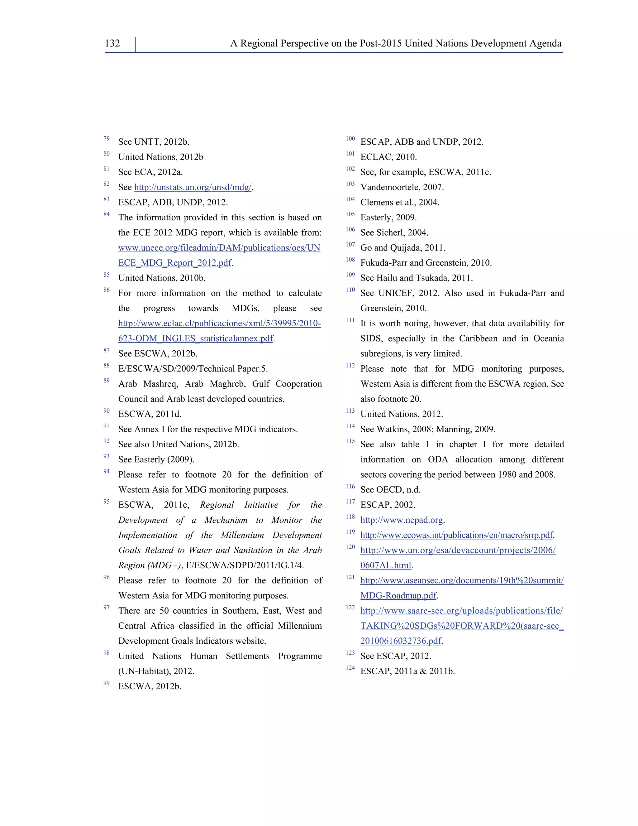 A Regional Perspective on the Post-2015 132 United Nations Development Agenda 
79 See UNTT, 2012b. 
80 United Nations, 2012b 
81 See ECA, 2012a. 
82 See http://unstats.un.org/unsd/mdg/. 
83 ESCAP, ADB, UNDP, 2012. 
84 The information provided in this section is based on 
the ECE 2012 MDG report, which is available from: 
www.unece.org/fileadmin/DAM/publications/oes/UN 
ECE_MDG_Report_2012.pdf. 
85 United Nations, 2010b. 
86 For more information on the method to calculate 
the progress towards MDGs, please see 
http://www.eclac.cl/publicaciones/xml/5/39995/2010- 
623-ODM_INGLES_statisticalannex.pdf. 
87 See ESCWA, 2012b. 
88 E/ESCWA/SD/2009/Technical Paper.5. 
89 Arab Mashreq, Arab Maghreb, Gulf Cooperation 
Council and Arab least developed countries. 
90 ESCWA, 2011d. 
91 See Annex I for the respective MDG indicators. 
92 See also United Nations, 2012b. 
93 See Easterly (2009). 
94 Please refer to footnote 20 for the definition of 
Western Asia for MDG monitoring purposes. 
95 ESCWA, 2011e, Regional Initiative for the 
Development of a Mechanism to Monitor the 
Implementation of the Millennium Development 
Goals Related to Water and Sanitation in the Arab 
Region (MDG+), E/ESCWA/SDPD/2011/IG.1/4. 
96 Please refer to footnote 20 for the definition of 
Western Asia for MDG monitoring purposes. 
97 There are 50 countries in Southern, East, West and 
Central Africa classified in the official Millennium 
Development Goals Indicators website. 
98 United Nations Human Settlements Programme 
(UN-Habitat), 2012. 
99 ESCWA, 2012b. 
100 ESCAP, ADB and UNDP, 2012. 
101 ECLAC, 2010. 
102 See, for example, ESCWA, 2011c. 
103 Vandemoortele, 2007. 
104 Clemens et al., 2004. 
105 Easterly, 2009. 
106 See Sicherl, 2004. 
107 Go and Quijada, 2011. 
108 Fukuda-Parr and Greenstein, 2010. 
109 See Hailu and Tsukada, 2011. 
110 See UNICEF, 2012. Also used in Fukuda-Parr and 
Greenstein, 2010. 
111 It is worth noting, however, that data availability for 
SIDS, especially in the Caribbean and in Oceania 
subregions, is very limited. 
112 Please note that for MDG monitoring purposes, 
Western Asia is different from the ESCWA region. See 
also footnote 20. 
113 United Nations, 2012. 
114 See Watkins, 2008; Manning, 2009. 
115 See also table 1 in chapter I for more detailed 
information on ODA allocation among different 
sectors covering the period between 1980 and 2008. 
116 See OECD, n.d. 
117 ESCAP, 2002. 
118 http://www.nepad.org. 
119 http://www.ecowas.int/publications/en/macro/srrp.pdf. 
120 http://www.un.org/esa/devaccount/projects/2006/ 
0607AL.html. 
121 http://www.aseansec.org/documents/19th%20summit/ 
MDG-Roadmap.pdf. 
122 http://www.saarc-sec.org/uploads/publications/file/ 
TAKING%20SDGs%20FORWARD%20(saarc-sec_ 
20100616032736.pdf. 
123 See ESCAP, 2012. 
124 ESCAP, 2011a  2011b. 
 